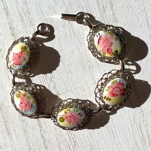 Vintage Hand Painted Floral Porcelain Panels Framed w/ Filigreed Silver Setting